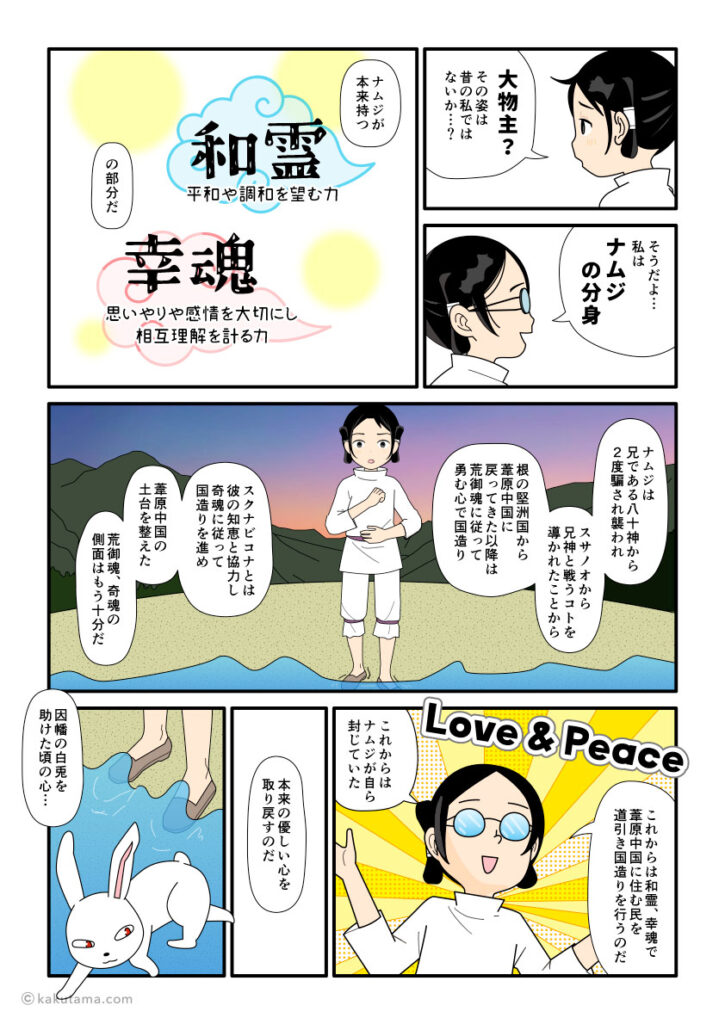 大国主と大物主は同一神で、大国主の和魂、幸魂だと説明する古事記漫画とイラスト