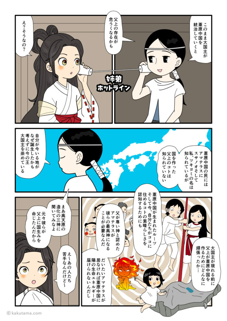 葦原中国はイザナギが作った国だから天照大御神が最高神になるのがふさわしいという月読の古事記漫画とイラスト