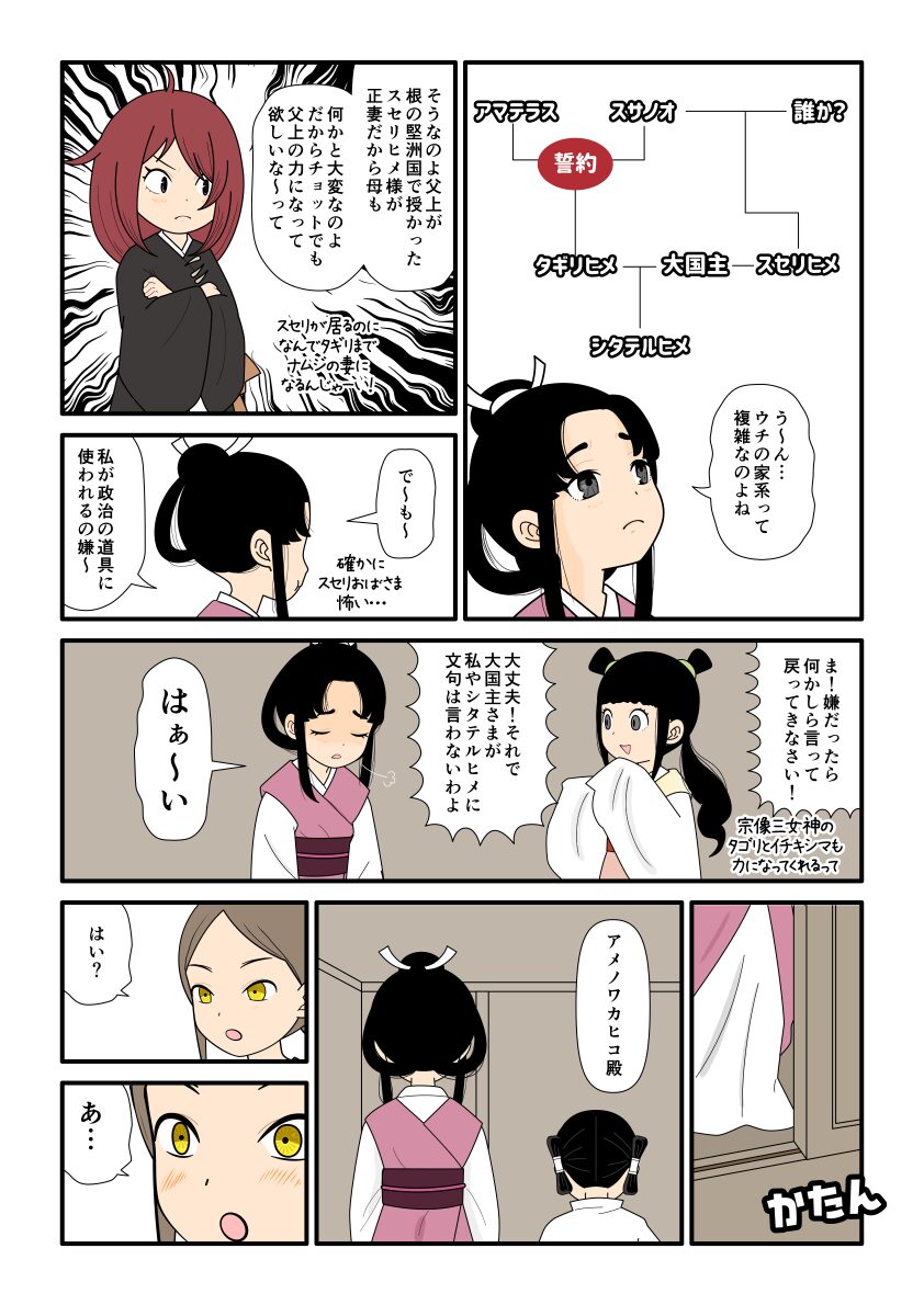 下照比売命の母は多紀理毘売命で、スサノオの娘であり、スセリヒメは叔母であることが複雑だな〜と思う下照比売命の古事記漫画とイラスト